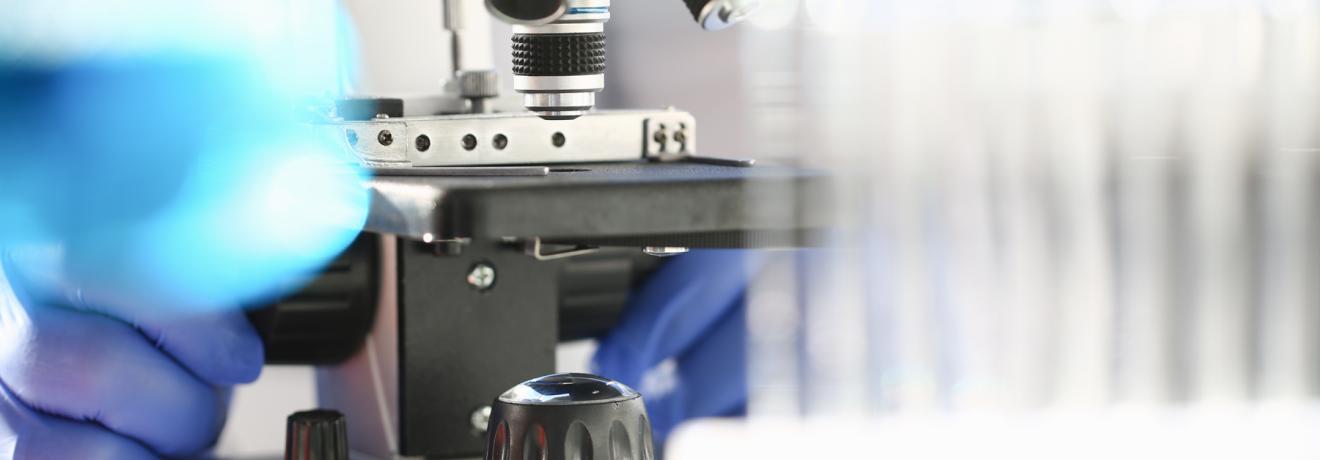 Nanomaterial being viewed with a microscope in a lab.