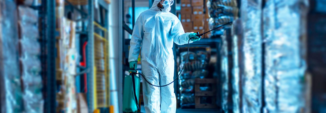 Biocides being sprayed in a storage warehouse.