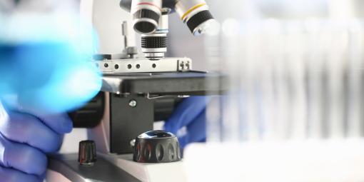 Nanomaterial being viewed with a microscope in a lab.