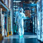 Biocides being sprayed in a storage warehouse.